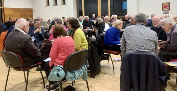 Graphic showing a group of people gathered together to discuss with one another about building the Hope Springs Pastoral Gatherings in March 2023.