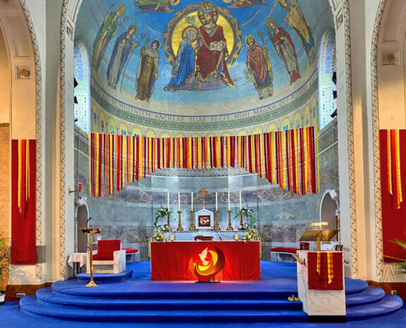 The sanctuary Our Lady of Perpetual Succour, Foxrock, decorated for the Building Hope Novena, May 2023