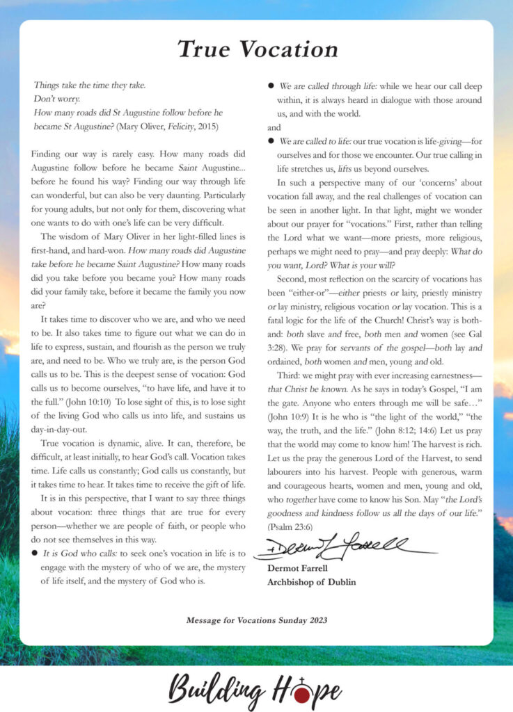 Graphic providing information on our true vocation from the Archbishop of Dublin, Dermot Farrell. It contains many biblical references about vocation in life and tells people it is okay to not have your life figured out.