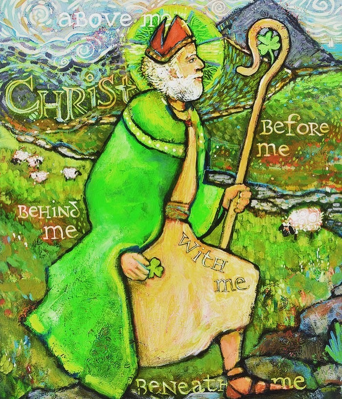 Graphic of Saint Patrick holding a shamrock, wearing a green and yellow robe and holding a yellow staff. The words in the picture are Christ above me, Christ beneath me, Christ with me, Christ before me and Christ behind me which means Christ is everywhere. In the background there are sheep and stone walls.