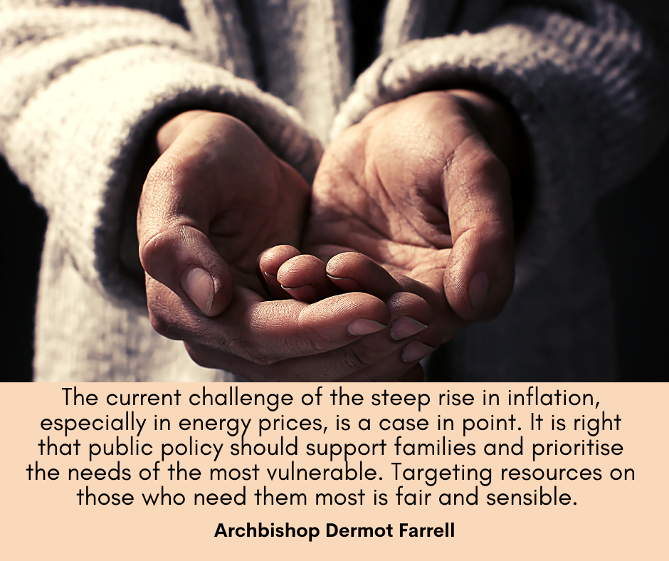 Poster with open hands and a quote from Archbishop Dermot Farrell on inflation and supporting families.