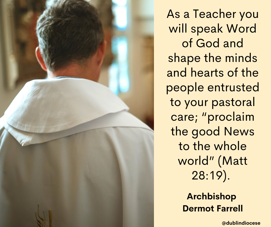 Poster with a priest's back and a quote from Archbishop Dermot Farrell about teaching Gods Word.