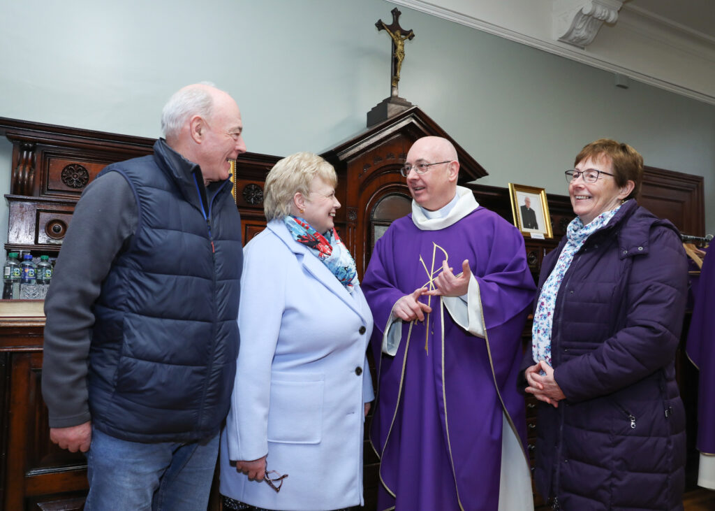 Picture shows The Holy Father Pope Francis after he has appointed Fr Donal Roche, a priest of the Archdiocese of Dublin, as Auxiliary Bishop of the Archdiocese of Dublin at St Mary's Pro-Cathedral. He is pictured with the family, Tom Roche, Jean Roche and Dympna Synnott. Pope Francis is wearing a purple and white robe.