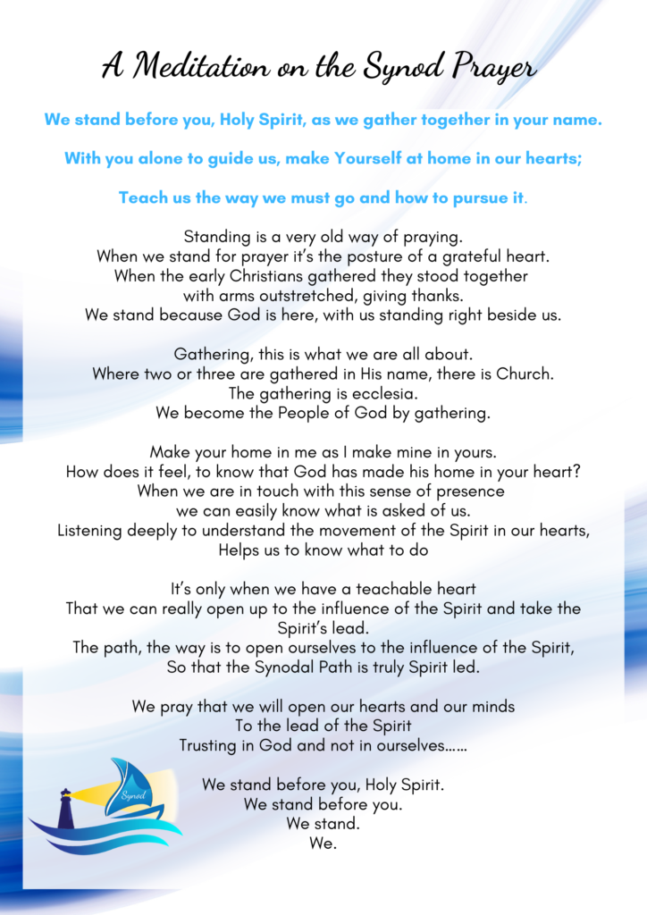 Graphic of writing of the meditation on the synod prayer with the synod logo located in the bottom left hand corner.