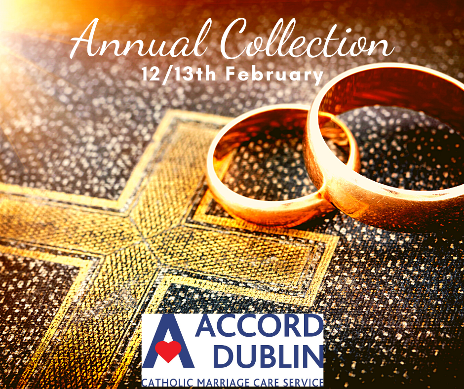 Poster for Accord Dublin annual collection with wedding rings and a cross background.