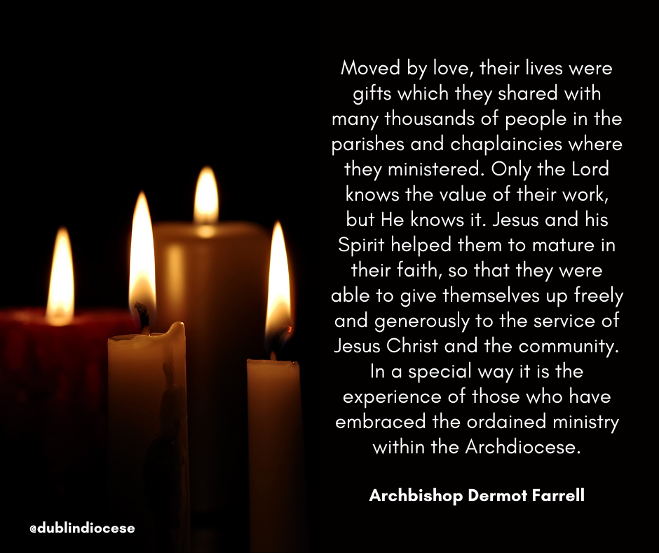 Graphic of a group of lit candles beside a quote from Archbishop Farrell about deceased priests.