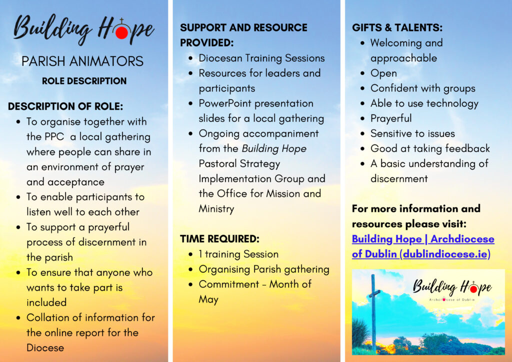 Building Hope Animator – Invitation. Graphic depicts an introduction to the role of a parish animator and contains a photo of a mountain view with a Holy cross with the words "Building Hope" written on it" The graphic's background is a blue and golden sky.