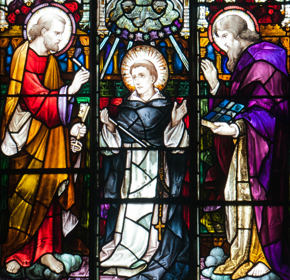 Graphic of a stained glass window depicting three men with halos one is holding a key and dressed in red and yellow attire another is holding a book dressed in pink and purple and the other is kneeling down with his hands outstretched in blue and white attire with a golden cross.