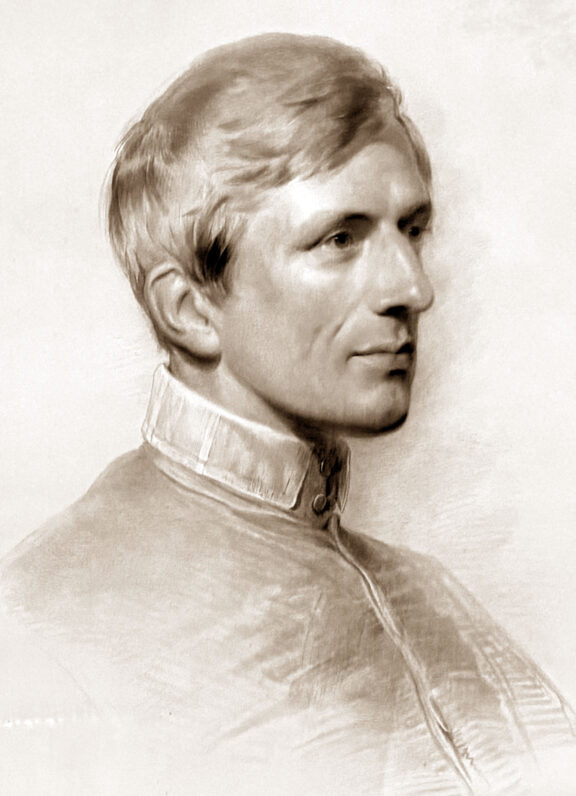Graphic of a sketch of Saint John Henry Newman-Cardinal Newman who was declared by Pope Leo XIV as Doctor of the Universal Church. He is dressed in a shirt with his hair swept to one side looking towards the right.