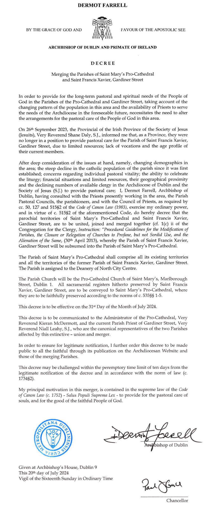 Decree Merging the Parishes of Saint Mary’s Pro-Cathedral and Saint Francis Xavier, Gardiner Street