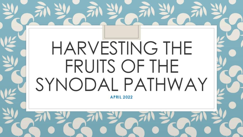 Graphic of a PowerPoint titled Harvesting the Fruits of the Synodal Pathway. Graphic shows a white square with black writing that says "Harvesting the fruits of the synodal pathway" and in blue writing "April 2022". In the background is a white and blue background.