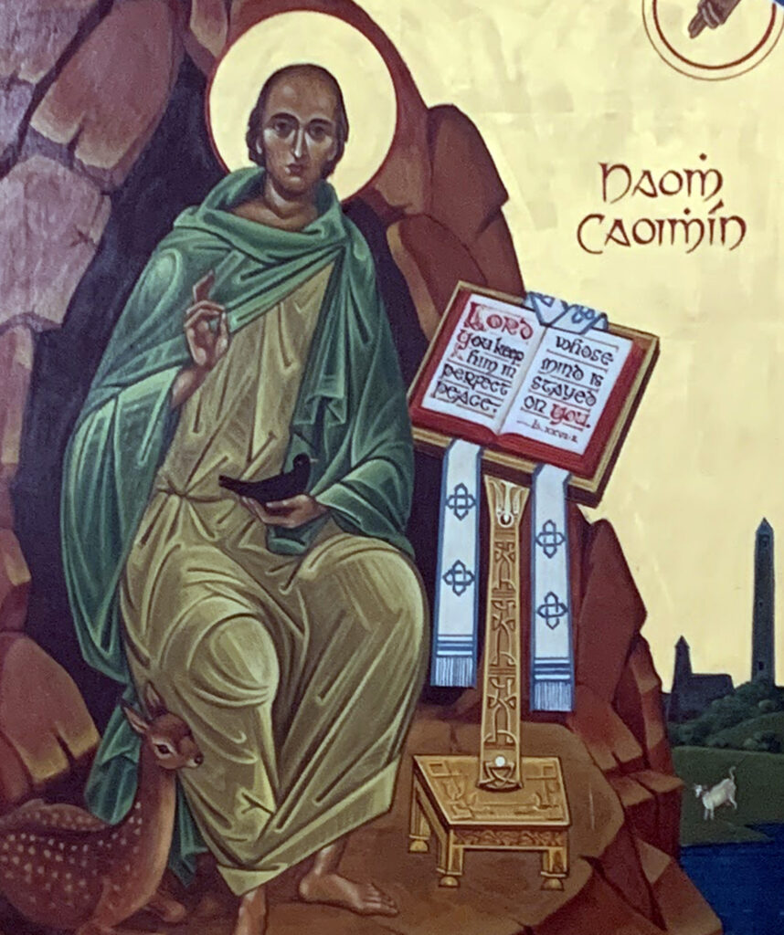 Graphic of Feast of St Kevin, St Mary’s Pro-Cathedral, June 3, 2023. Graphic shows a man with a yellow circle around his head sitting on rocks beside a Bible on a stand and beside a deer in front of a cave. To the right of the cave in the background there is a church with grass in front of it and a goat standing on the grass with a yellow sky above the church.