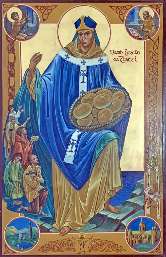 Homily of Archbishop Farrell on the Feast of St Laurence O’Toole. Graphic depicts a man wearing a blue robe holding a basket of bread and standing on rocks beside the sea. There are poor and sick people beside the man asking for bread. In each corner of the border there is a photo. One of which depicts a round tower by a river another depicts a castle another depicts a monk in a scriptorium writing scripts and another depicts a young boy tied up in chains. In each of the photos of the man there is a yellow circle around his head.