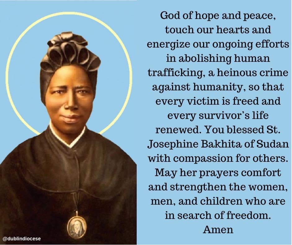 Prayer card with image of St Josephine Bakhita and a prayer against human trafficking.