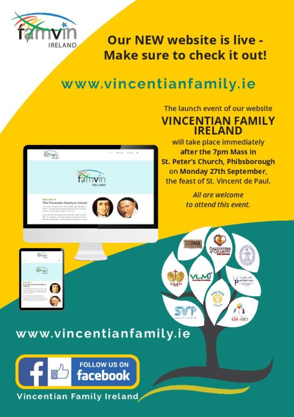 Graphic informing people about the new website for the Vincentian Family Ireland with the famvin logo in the top left corner.