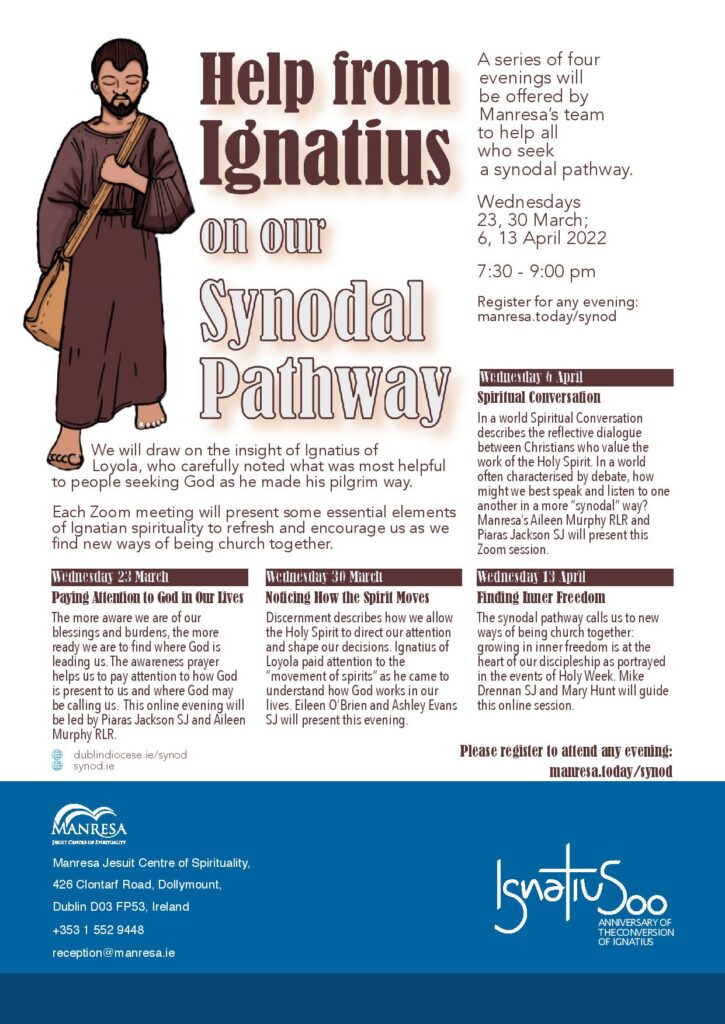 Graphic of the times of zoom meetings and what each one will cover for those interested in finding new ways of being church together from the Manresa Jesuit Centre of Spirituality. It takes places from the 23rd of March 2022 to the 13th of April 2022.