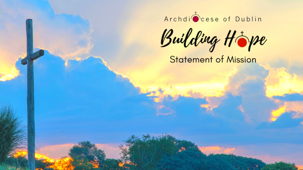 Building Hope Statement Of Mission poster with a cross and sunset sky.