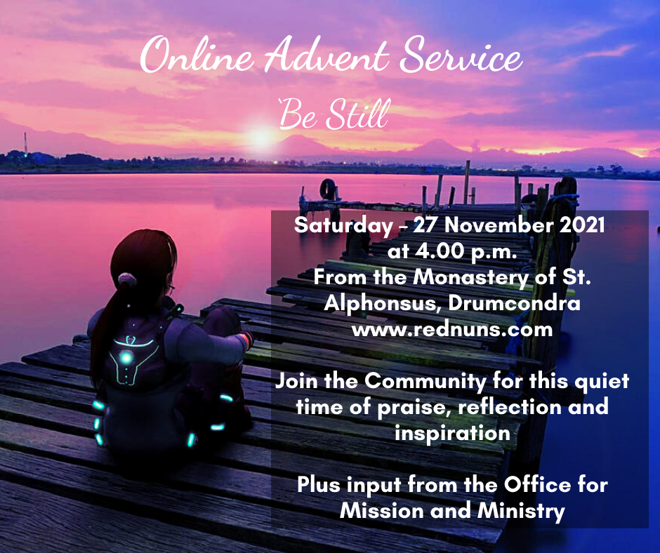 Graphic inviting people to the Online Advent Service, be still. Graphic shows a woman sitting in light-up gear on a quay beside a purple river.