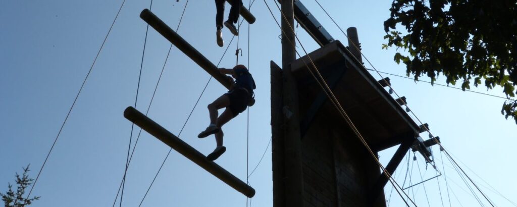Graphic of two children wearing climbing attire climbing a ladder at an activity centre with a blue sky and a tree on the right of the graphic.
