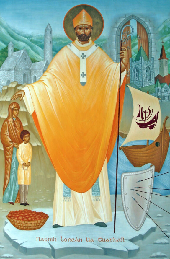 Graphic for the Feast of Saint Laurence O'Toole. Graphic shows the Saint with a halo around his head wearing a yellow robe standing in front of a monastery and town walls. There is a Viking boat to his right along with a shield with arrows also on the right. There is a bowl of fruits on the left and also on the left is a woman and child approaching the Saint.