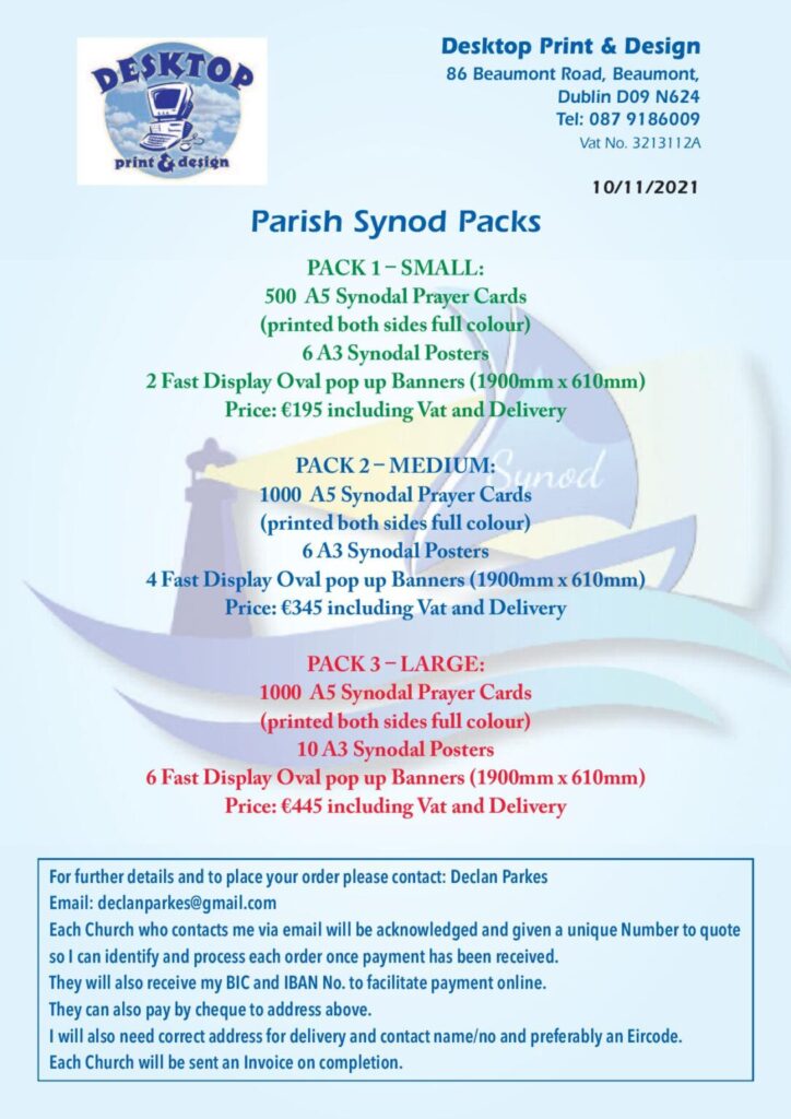 Graphic detailing what is included in the Parish Synod packs and where to place your order. The background is the synod logo.
