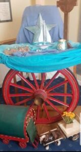 Graphic of a Parish Synod Display called Parish of the Travelling people which features a model caravan, a horse and cart and a wheel with blue fabric, a light, a star and a cross.