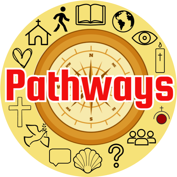 Graphic of the Pathways programme logo on a grey and white background with a yellow circle which has images around the circle: an eye, a candle. the Archdiocese of Dublin logo, a group of people, a question mark, a seashell, a textbox, a dove, a Holy Cross, a heart, a church, a person walking, a Bible and a globe. Inside this circle there is an orange compass and the word "Pathways" is written across all of this in red and white writing.