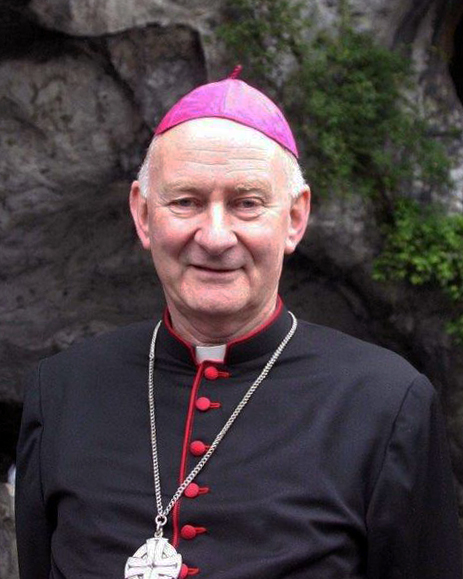 Picture of Bishop Donal Murray wearing a black suit with red buttons, a pink skullcap and a silver cross around his neck standing in front of a cave and smiling at the camera.