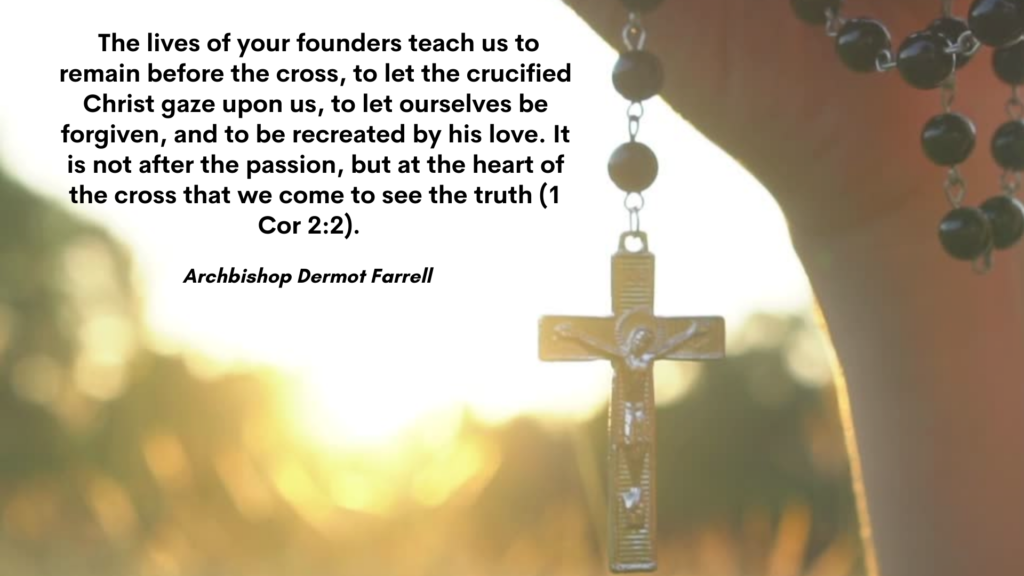 Poster with a hand holding a rosary cross and a quote from Archbishop Dermot Farrell.