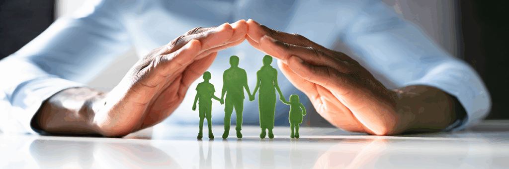 Graphic of green figures of a family, a young girl, a woman, a man and a young boy with their hands joined together on a table with a man's hands covering them. The man is wearing a blue shirt.