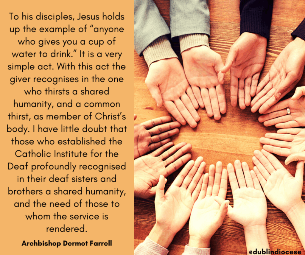 Graphic of a group of people lying their hands palm up in a circle on a wooden table with a quote from Archbishop Farrell located to the left of the image.