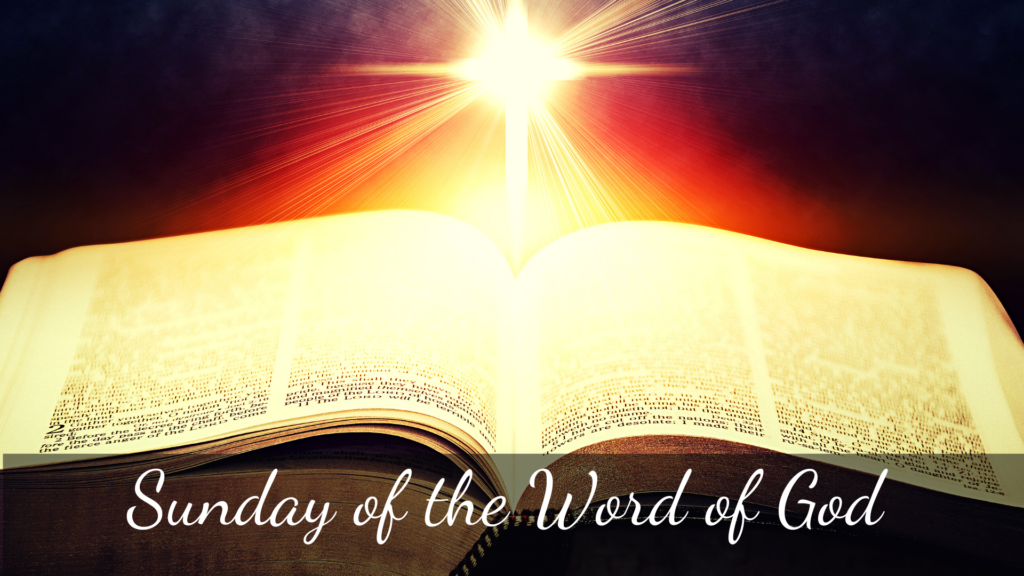 Poster for Sunday of the Word of God with an open Bible and glowing cross.