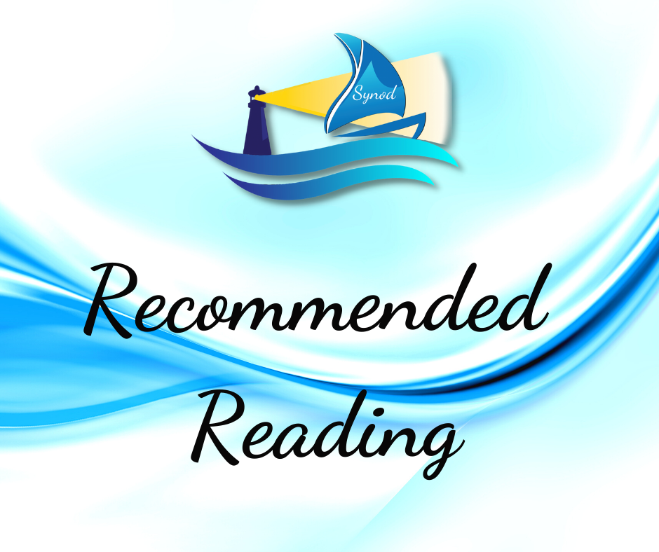 Graphic of the Recommended Reading for Animators from the Synod Parish. The background is light blue and dark blue and the synod logo is at the top.