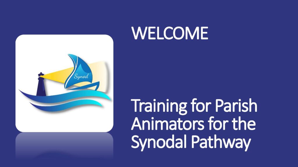 Synod training slide – "Welcome Training for Parish Animators for the Synodal Pathway" with Synod logo.