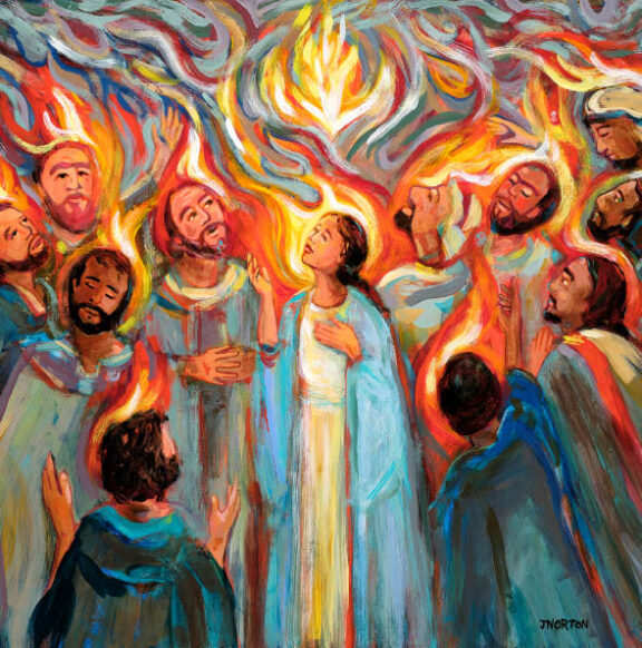 Graphic of the Novena to the Holy Spirit where people are gathered together under the flames of the Holy Spirit.