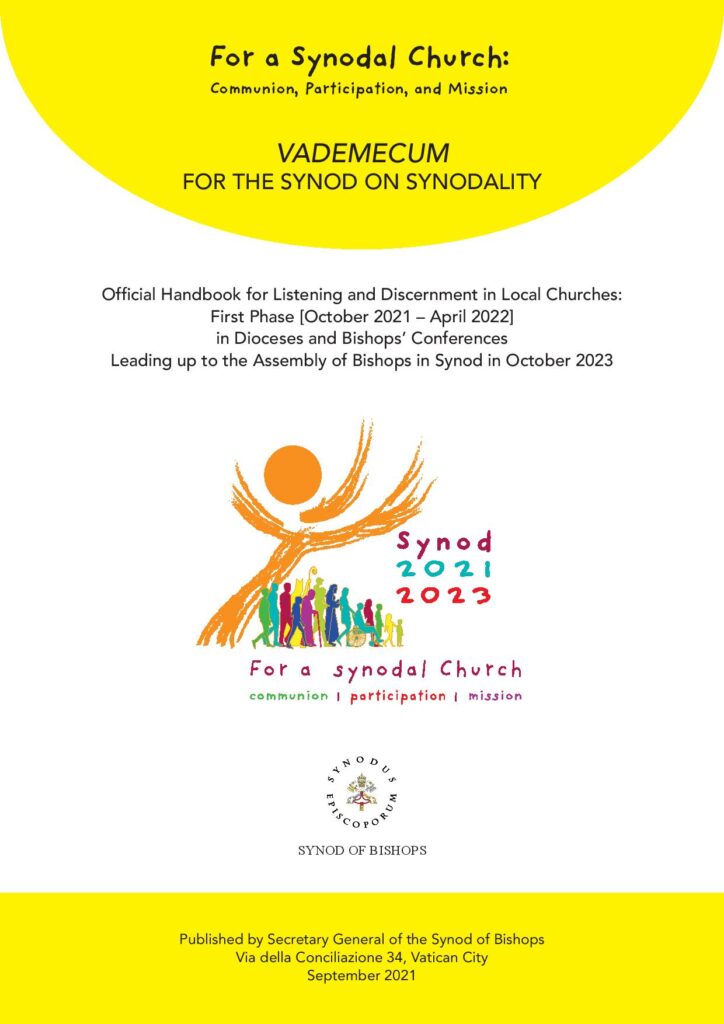 Graphic of the handbook for listening and discernment in local churches which features the Synod 2021/2023 logo and the Synod of Bishops logo.