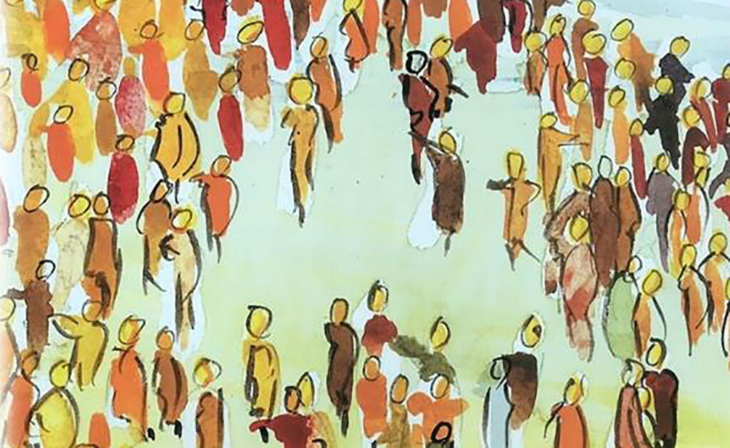 Accompanying Families: Sacraments of Initiation Policy Dublin 2022. Graphic depicts a group of figures in a circle on a green and blue background.