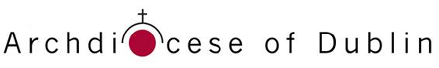 Archdiocese of Dublin logo with Archdiocese of Dublin written in black writing and the O in Archdiocese a red circle with a black cross over it.