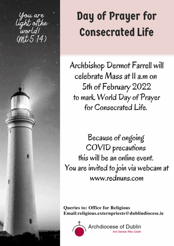 Poster for Day of Prayer for Consecrated Life with a lighthouse image and event details.
