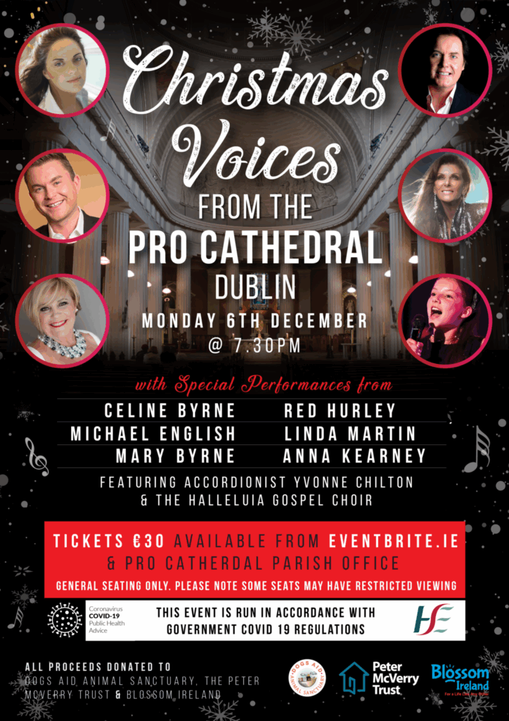 Graphic informing people about tickets to Christmas Voices from the pro Cathedral Dublin with photos of the singers that will sing at the concert.