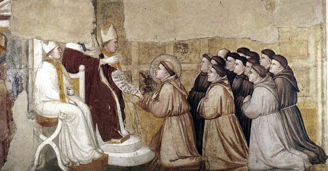Graphic depicting Pope Honorius the third approving the Franciscan Rule. The Franciscans are kneeling in front of the pope and the leader is reading a scroll. There are two other members of the clergy either side of the Pope.
