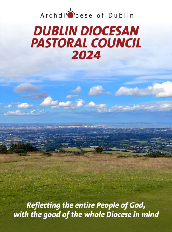 Graphic of the Archdiocese's Pastoral Council 2024 with a graphic of a view from the top of a hill looking out at a city with cloudy blue skies overhead.
