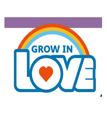 Graphic of the Grow in Love logo with a purple banner at the top and a rainbow from the letter "l" to the letter "e" in love which is in white writing with a blue outline and in the "o" there is a red heart. Above the word love in blue block letters are the words grow in.