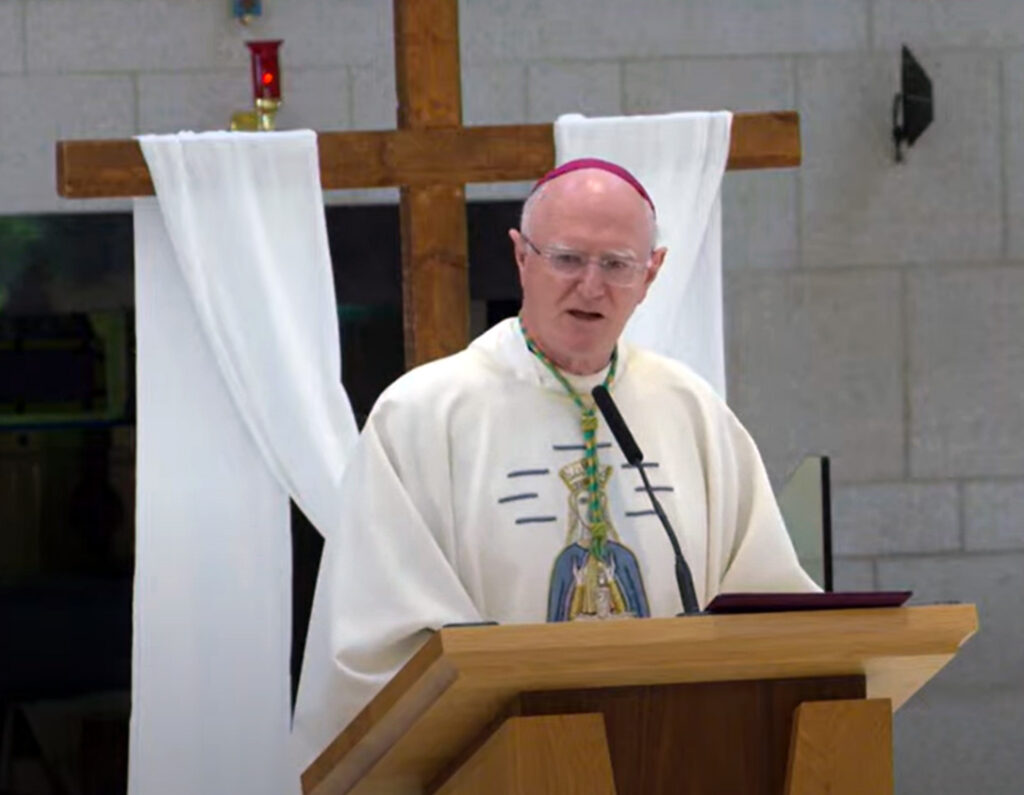 Graphic showing Dublin Diocesan Pilgrimage to Knock on Saturday, April 29, 2023. Graphic shows Fr. Farrell addressing the congregation standing at the stand in front of the Holy Cross wearing a priest's robe. There are white bricks in the background.