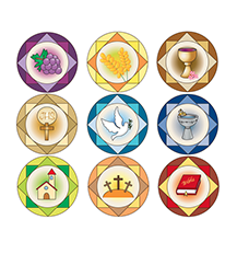 Graphic showing the Liturgical year in nine images with the first a grape, the second wheat, the third a chalice, the fourth a Holy Cross, the fifth a dove, the sixth a water basin, the seventh a church, the eight three Crosses on a hill and the ninth the Bible.