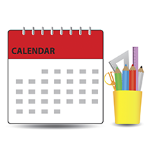 Graphic of a red and white calendar beside a yellow stationary cup with pencils, a ruler, scissors and a mathematical triangle.