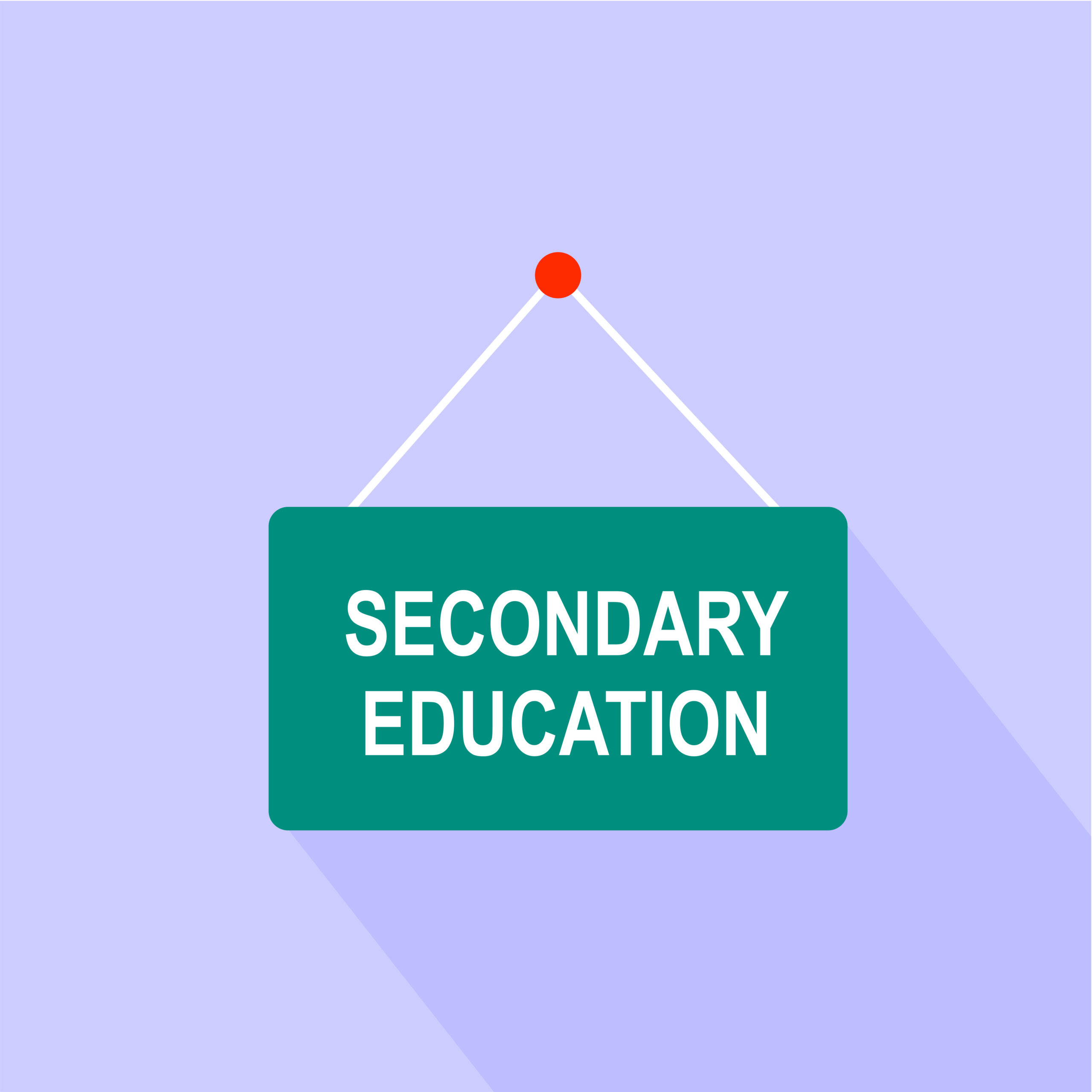 Graphic of a purple background with a green sign with white string stuck up by a red circle. In the green sign there is white writing which reads "Secondary Education".