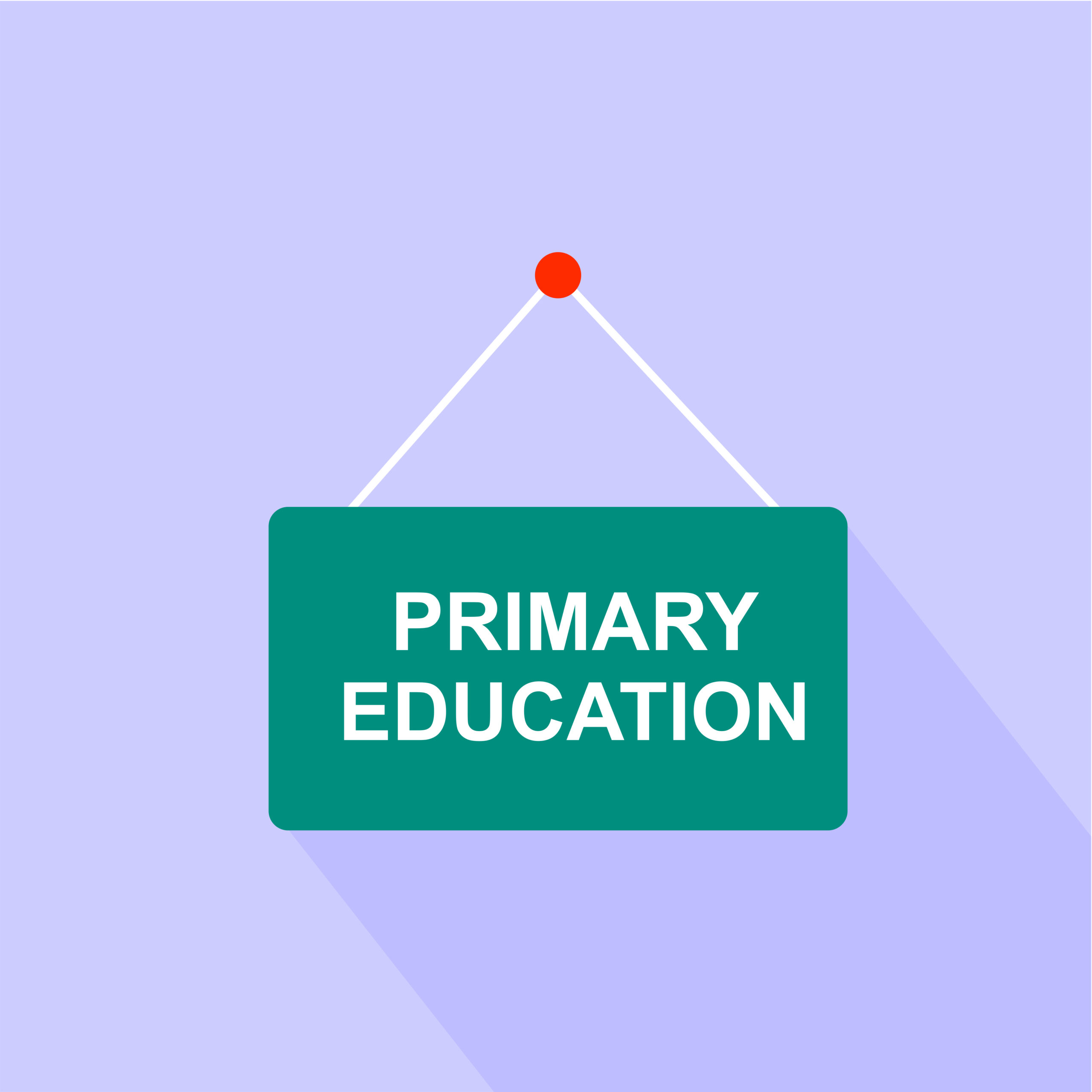 Graphic of a purple background with a green sign with white string stuck up by a red circle. In the green sign there is white writing which reads "Primary Education".