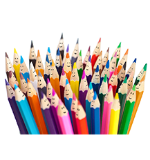 Graphic of a group of different colour colouring pencils with smiley faces on the top.