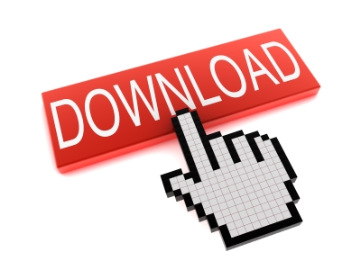 Graphic of a red sign with white writing saying download and a white computer hand clicking it.